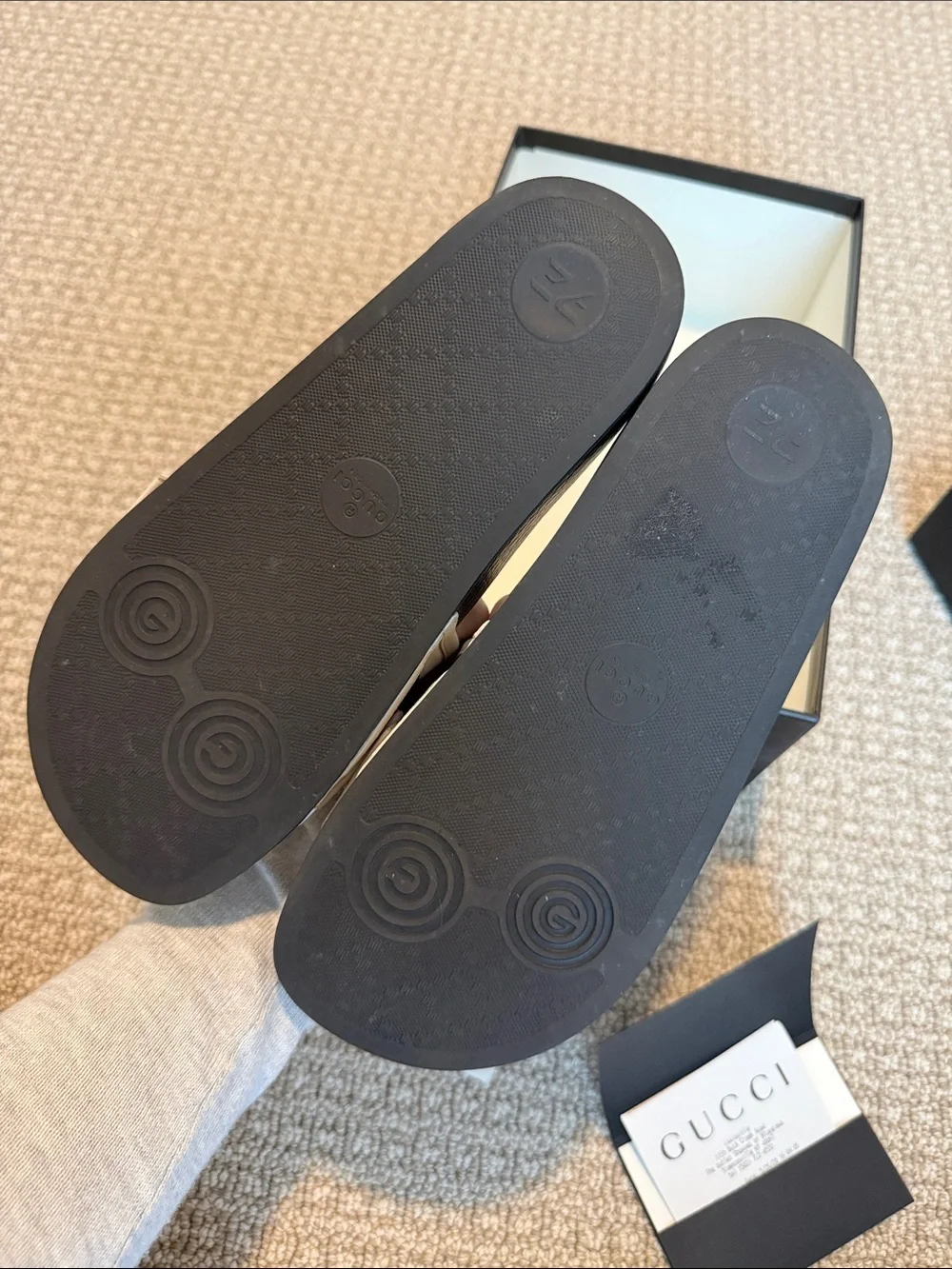 Gucci Black Slides with White, Red and Blue Web Strap
